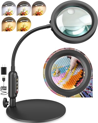 30X 10X Magnifying Glass with Light and Stand, 5 Color Modes Stepless Dimmable, Optical Grade HD Lens, LED Lighted Magnifier Hands Free with Flexible Gooseneck for Close Work, Craft, Hobby, Painting