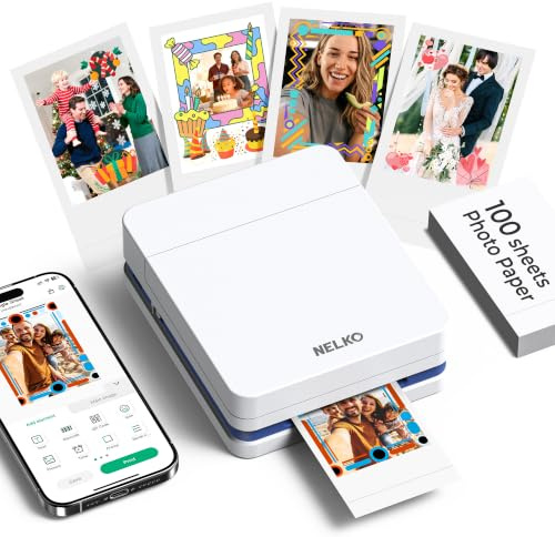 Nelko PP01 2x3 Portable Photo Printer with 100 Sheets, White | Instant Inkjet Mini Printer, Sticky-Back Photos, Bluetooth Smartphone Compatible with iOS/Android, Pocket Size, App Editing