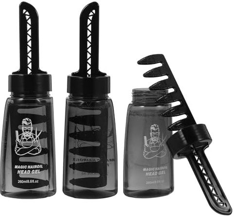 3 Leere Haargelflaschen mit Kamm und Applikator, 260ml | Schwarz, Kunststoff, Wiederbefüllbar, 3 Stück, für Haarstyling Gel, Leicht und Handlich