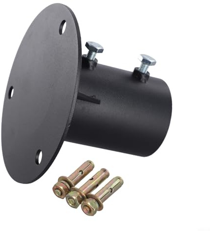 Durashmall Stabiler Stahl-Kettenglied-Zaunpfostensockel für Lampen, Briefkasten und Fahnenmasten, schwarz, 65 mm, 78 mm Innendurchmesser, runder Bodenflansch mit Dehnschrauben und Seitenschrauben (65