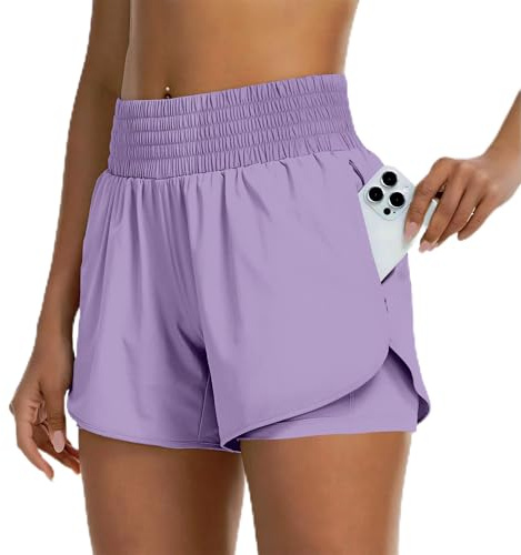 Short Running Femme 2 en 1 avec 2 Poches Zippées - Short Sport Femme | Sport Elastique pour Course a Pied, Fitness, Yoga, Randonnee & Tennis, Taille Haute