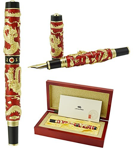 Jinhao Fountain Pen Dragon Red Chinese Ancient Cloisonne Enamel Painting for Signature and Collection with Wooden Gift Box