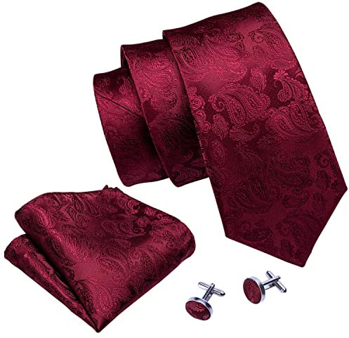 Barry.Wang Mens Ties and Pocket Square Cufflinks Silk Necktie Set Paisley, One Size, Burgundy
