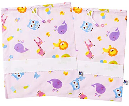 Filet - Lot de 2 sacs de maternelle à motifs lettres et animaux, sacs en tissu idéaux pour ranger la boîte de vitesses ou les chaussures, avec toile Aida à broder, fabriqué en Italie, 42 x 34 cm, rose