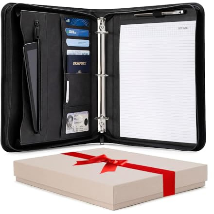 Forevermore Portfolios Portfolio Organizer – 1,5-Zoll-Ringbuch mit Notizblock – Aufbewahrungstasche mit Reißverschluss für Papiere, Reisedokumente, Präsentationsmappe – Schwarz