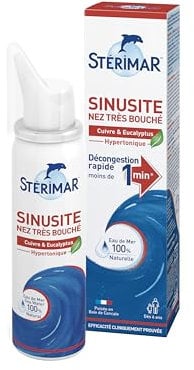STÉRIMAR Sinusite Nez Très Bouché - Spray Nasal Décongestionnant, Agit en Moins d'1 Minute, à l'Eau de Mer 100% Naturelle & Cuivre/Eucalyptus/Acides Hyaluroniques, Formule Hypertonique, 50 ml