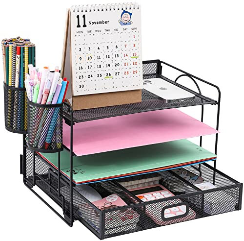Vikmyer Organizador de Archivos de Escritorio de 4 Bandejas, Organizador de Suministros de Escritorio de Oficina de Malla con Cajón para Oficina en Casa (2 portabolígrafos)
