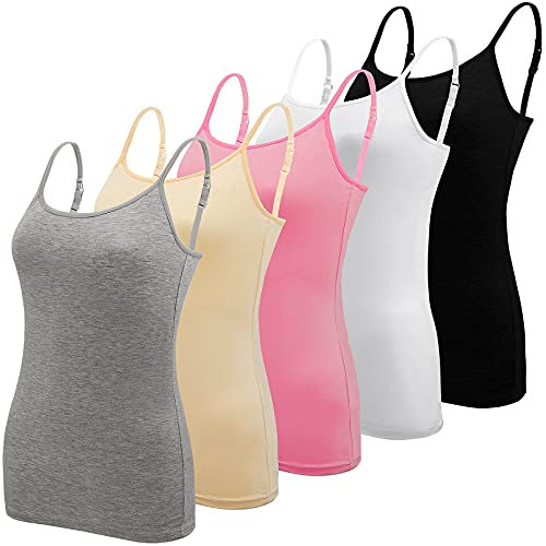 BQTQ 5 Pieces Basic Camisole Adjustable Strap Vest Top for Women and Girl, Black, White, Grey, Pink, Beige, L
