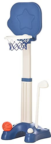 HOMCOM Canasta de Baloncesto 2 en 1 Canasta de Baloncesto Infantil con Aro Ajustable en Altura de 83-120 cm Pelotas y Palo de Golf 46x41x116-153 cm Azul y Blanco