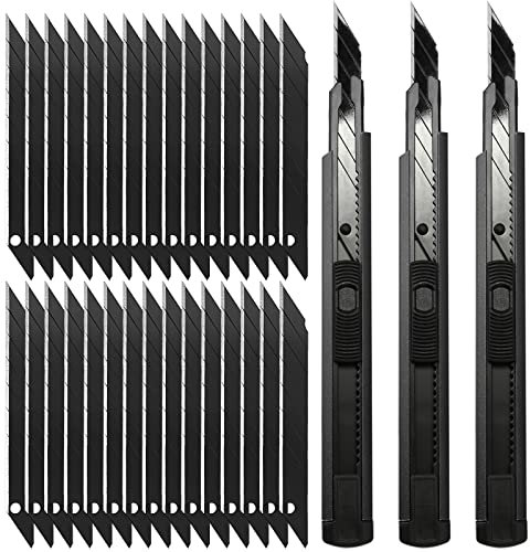 FOSHIO 3 Cutter à lames Cutter 9mm, Cutter plastique métal 30 lames 9 mm- Blocage De La Lame Cutter à Cartouche Le noir