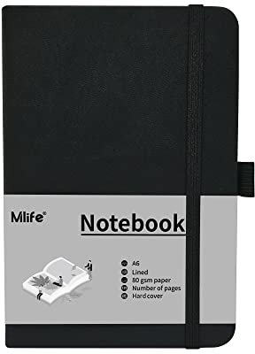 Mlife A6 Klein Journal Notizbuch, 192 Seiten, A6 Notizbücher Mini Hardcover mit elastischem Verschlussband und Falttasche (Schwarz)