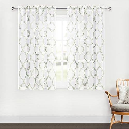 DWCN Transparente Vorhänge mit besticktem marokkanischem Design, kurze Kunstleinen, Halbvoile, Vorhänge für Schlafzimmer und Wohnzimmer, Stangentasche, Fenstervorhang, 2er-Set, 132 x 114 cm Länge