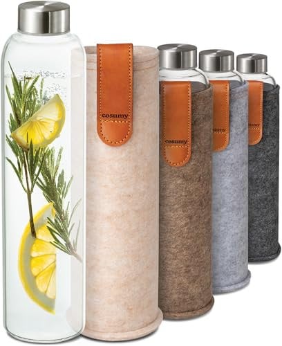 Cosumy Gourde Verre avec Housse en Feutre 750ml - Compatible Lave-Vaisselle - Étanche - Sans BPA - Convient pour Boissons Gazeuses - (Beige)