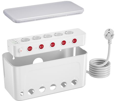 Ciabatta Multipresa USB con Scatola Porta Cavi, Presa Multipla Salvaspazio 5 Prese Schuko con Interruttori Indipendenti,Raccogli Cavi,Organizzatore Nascondi Copri Fili Grande,Cavo 1,5M,Bianco
