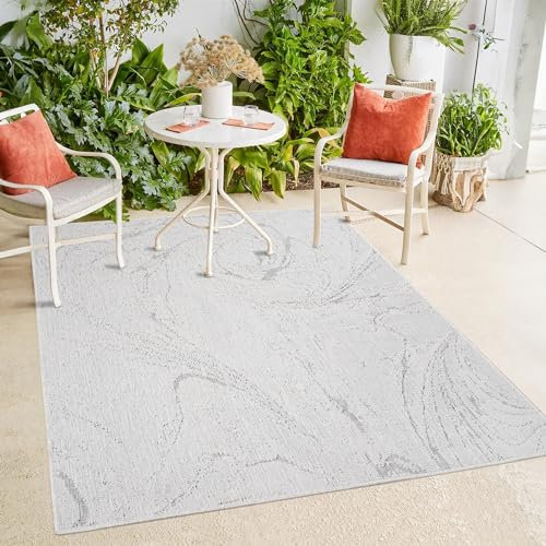 payé In- & Outdoor-Teppich - Creme-Weiß Grau - 200x290cm - Wendeteppich - Abstrakt Meliert - Wetterbeständig für Balkon Terrasse - Indoor Teppiche Wohnzimmer Küche
