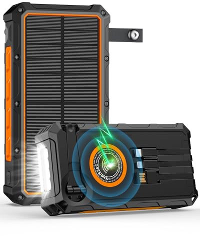Solar Powerbank 20000mAh mit Handkurbel & Kabel, Wireless Power Bank Outdoor wasserdichtes Solarzelle 15W Schnellladung 6 Ausgänge 4 Eingänge, Taschenlampe, Solarladegerät für Handy