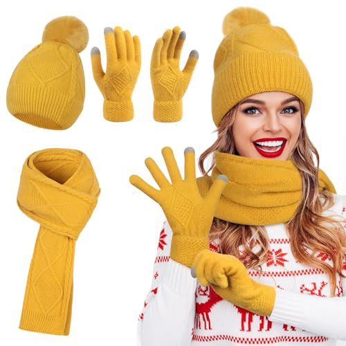 Figarge Damen Winter Mütze Schal Touchscreen Handschuhe Set, Damen 3 in 1 Winter Beanie mit warmen gestrickten langen Schal, dicke gestrickte Pom-Mütze und Touchscreen für Outdoor (Gelb)