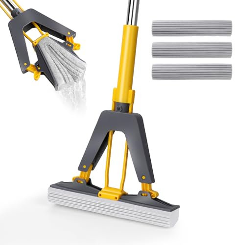 Masthome PVA Sponge Mop, Self Squeeze Mop with 3 Super Absorbent Sponge Heads, Hands-Free Sponge Mop with Stainless Steel Handle for Wet & Dry Use, Floor Mops for Kitchen Bathroom