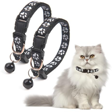 BIRLOZA Reflektierend Katzenhalsband mit Sicherheitsverschluss und Glöckchen,2-Stück Verstellbar Halsband Katze Kitten,19-32cm Schwarz