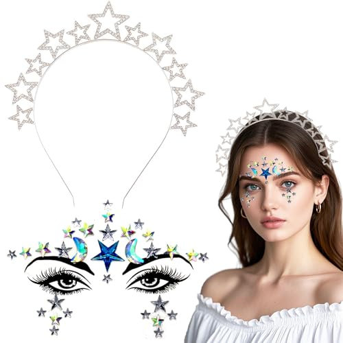 Sterne Haarreif Silber,Stirnband Sterne Strass,Stirnband Sterne Damen,Gesichtstattoo Sterne,Gesichtstattoo Glitzer,Stirnband Mädchen Sterne,Glitzer Haarschmuck Geeignet für Ramadan und Karneval
