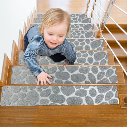 Gradini antiscivolo per scale, in legno, per interni, riutilizzabili e adesivi, strisce di gomma, confezione da 15 tappetini antiscivolo da 76 x 20 cm, adatti per cani, bambini e anziani, grigio