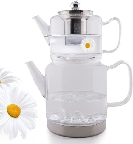 Doppel-Glasteekanne - 2-in-1 Teekanne mit Edelstahl-Sieb - 2 Liter + 1 Liter - Induktionsgeeignet - Klarglas Borosilikat - Spülmaschinenfest