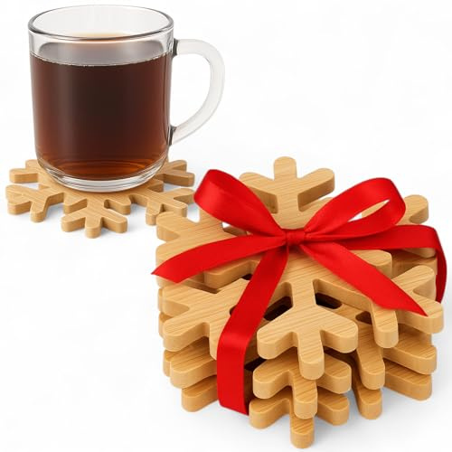 MIJOMA Untersetzer Weihnachten 4-teilig – runde Schneeflocken Getränkeuntersetzer aus Holz im Winterdesign – Schutz für Tassen, Gläser & Heißgetränke – Ø10 cm