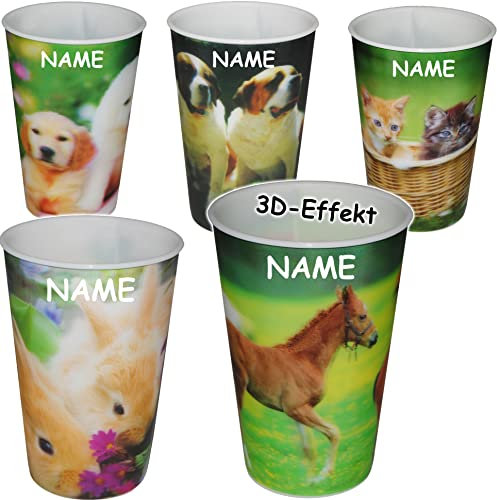 alles-meine.de GmbH 4 Stück 3-D Effekt 3 in 1 - Trinkbecher/Zahnputzbecher/Malbecher - Becher - Haustiere - Pferde - Katzen - Hunde - inkl. Name - 320 ml - mehrweg - ..