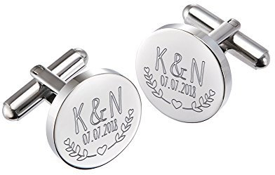 Mondgold Runde Manschettenknöpfe aus Edelstahl mit Blätter Gravur, Personalisiert mit Initialen und Datum, Anzug Accessoires, Herren Schmuck