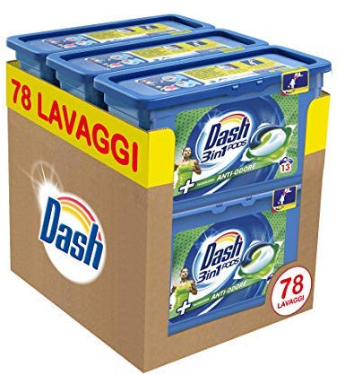 Dash Pods - Detergente 3 en 1 para lavadora, 78 monodosis antiolor, tamaño maxi de 6 x 13 lavados