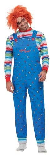 Smiffys Chucky Costume in Blue for Adults, Top and Printed Dungarees, Officially Licensed, Striped Top with Colour Block Cuffs, Perfect for Halloween and Matching Pet Costumes