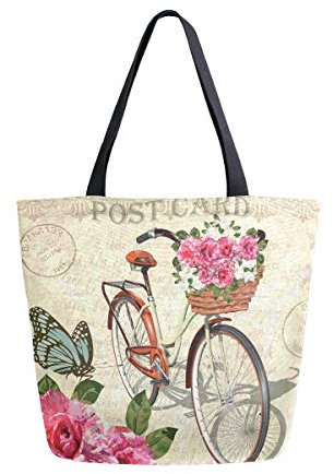 Mnsruu Vintage Rose Schmetterling Fahrrad Lebensmittel, wiederverwendbare Einkaufstasche Frauen große Casual Handtasche Schultertasche für Einkaufen Einkäufe Reisen Outdoor