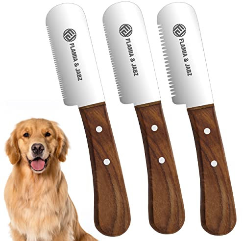 FLAMIA & JABZ Professional Dog Grooming Hand Stripping Knife, Stripper Trimmer Tool, Red Meranti Wooded Handle Non Slip Grip with Tripping Stainless Steel Blade (3 Piece Pack, Right Handed)