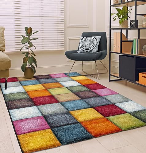 the carpet Monde Deluxe Wohnzimmer Teppich Hand Carved, Kurzflor, Farbenfroh, Bunt, Blau, Rot, Braun, Grün, Grau, Kariert, 200 x 290 cm