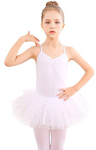Bezioner Kinder Ballettkleidung Tütü Ballettkleid Mädchen Baumwolle Balletttrikot Ballettanzug Tanzbody Tanzkleid mit Rock Weiß 140