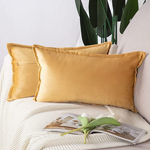 Madizz 2er Set Samt Dekorativ Zierkissenbezüge Luxus Stil Kissenbezug für Sofa für Schlafzimmer Gold 30x50 cm Rechteckigig