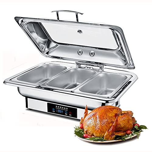Edelstahl Warmhaltebehälter, 600W Elektrisch Chafing Dish Buffet Chafer Set, Speisenwärmer für Catering, Buffet und Party, Transparente Sichtbare Obere Abdeckung, Temperaturregler