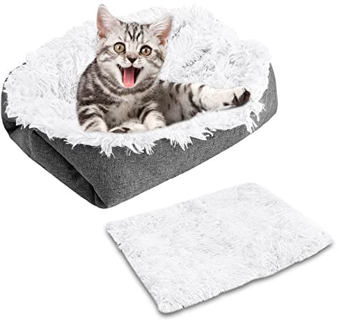 Xzeemo 61cm*51cm Katzenbett, 2-in-1 Haustierbetten, Katzen Schlafplatz, Waschbar Katzensofa, Klein Hund Bett, Fluffy Haustierkissen, Warmes Welpenbett, Flauschige Katzenbett (Weiß)
