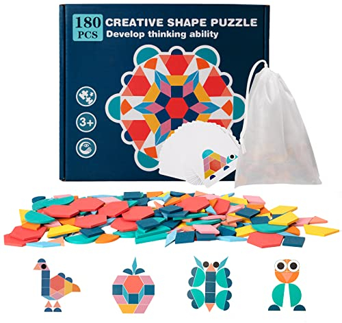 Tangrams Holzpuzzles, 180 Stück Kinder Geometrische Formen Puzzle mit 24 Designkarten Geeignet, Montessori Bausteine Grafisches Pädagogisches Spielzeug Set für Mädchen Jungen ab 3+ Jahr