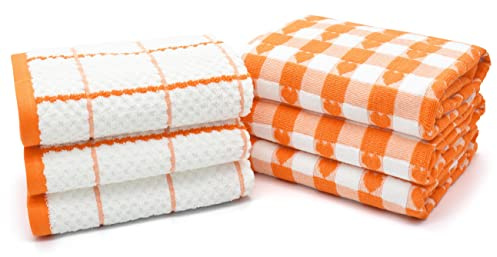 Velosso 6 Pack Jumbo Large Checkered Hearts Chunky Kitchen Towels Set 100% Supreme Ring Spun Cotton Super Soft and Absorbent Dish Towels, Tea Towels (Orange)