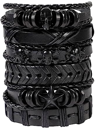 MILAKOO 6 Pcs schwarze Lederarmband für Herren Damen mit Schädel Armbänder einstellbar