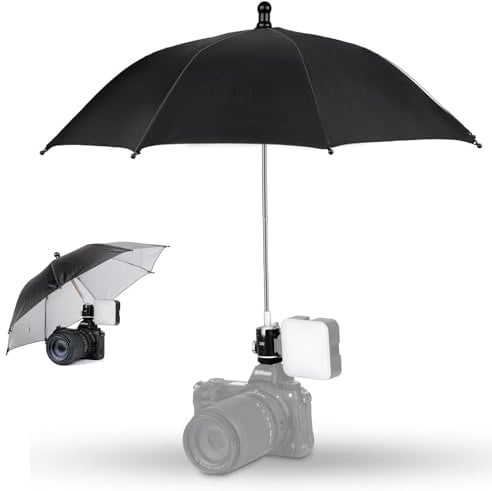 Ombrello per fotocamera con rotazione a 360° testa a sfera e scarpa fredda laterale, ombrello fotografico portatile resistente alle intemperie protegge la videocamera da pioggia, neve, luce solare,