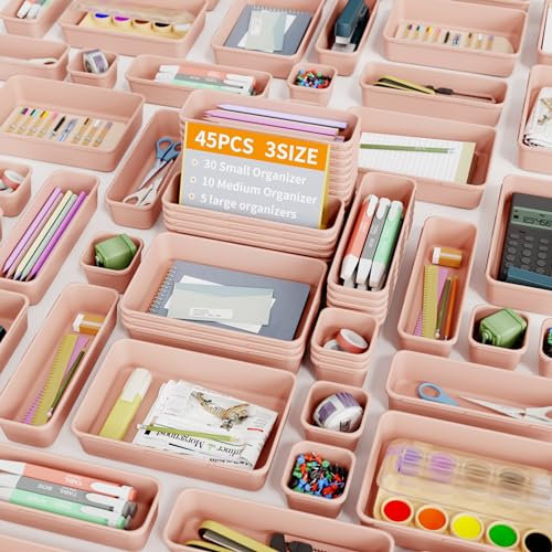 45 Pezzi Organizer Cassetti Bagno Divisori 3 Dimensioni, Scatole Portaoggetti Organizer per Scrivania, Cucina, Ufficio, Attrezzi Da Lavoro, Trucchi Cassetti, Contenitori Plastica Organizzatore, Rosa