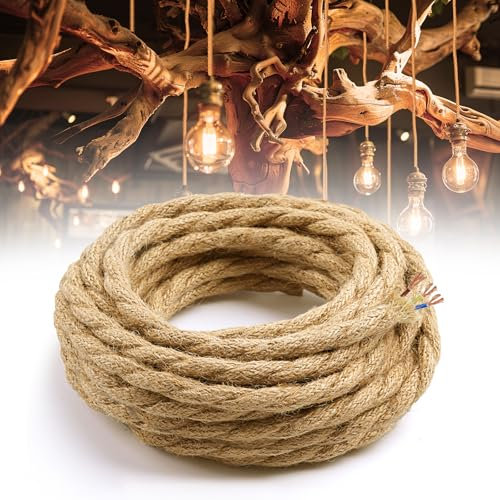 BrightArk Textilkabel für Lampe Retro 5M, Lampenkabel Textil 3 adrig Vintage, Stromkabel für Kreativer Lampenaufhängung, 3x0,75mm² Hanf Stoffkabel, AC220-250V