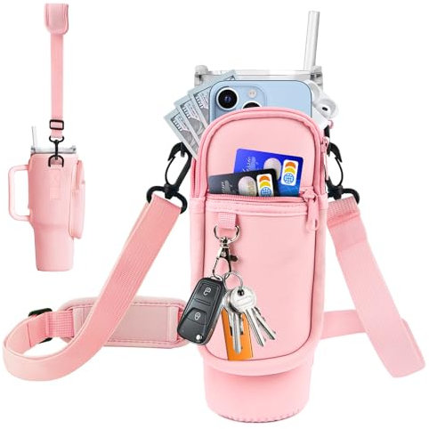 Fonyet Sac de transport pour bouteille d'eau Stanley Stanley Cup 40 oz, rose, avec bandoulière réglable, sac pour téléphone portable et crochet à clés, Rose