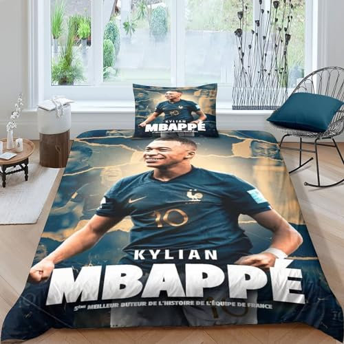 WFKLLL Kylian Mbappe Captain bedrucktes Bettwäsche-Set, Fußballverein, 1 Bettwäsche-Set mit Reißverschluss und 2 Kissenbezügen (135 x 200 + 80 x 80 x 2)