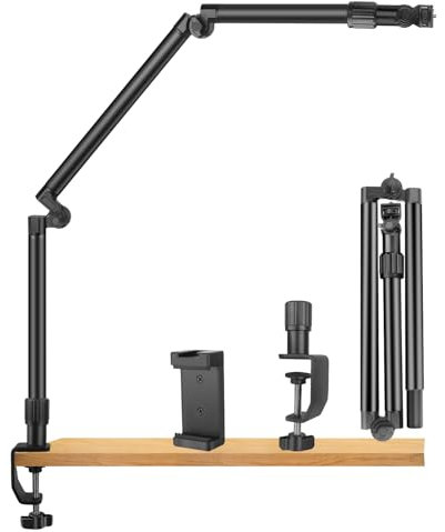JINSUI 37 Overhead Camera Mount Desk Stand, 3-Section 360° Adjustable Articulating Metal Arm with 1/4 Screw and Phone Holder, Foldable Webcam Stand for DSLR Camera Ring Light Projector