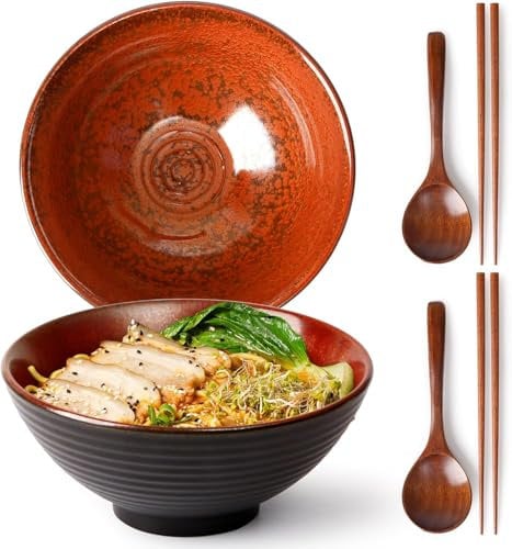 NUTRIUPS 1200ml Ceramic Ramen Bowl Set of 2 Noodle Bowls with Chopsticks and Spoons (Agate Red)