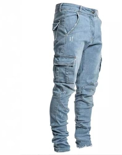 Cicilin Herrbyxor vardagliga jeans flera fickor cargo stridsbyxor normal passform töjbara denim arbetsjeans, Ljusblått, XL