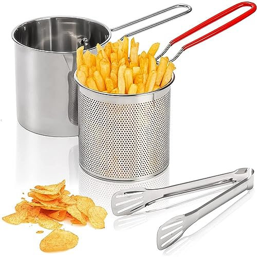 Stainless Steel Deep Frying Pot with Strainer Basket and Tong, Deep Fat Fryer Pan Frying and Boiling Pot with Stainless Steel Oil Strainer, Deep Fryer Pot for Frying Fish Shrimp Chicken Fries(12x14cm)